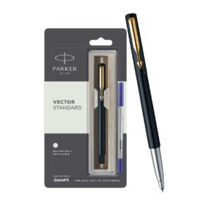 Alternative view of Parker Vector Standard Gold Trim Roller Ball Pen | Ink Color - Blue | Black Body Color | Ergonomic Design | Built for long writing sessions