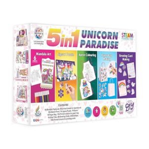RATNA'S 5 in 1 Unicorn Paradise Kit with Activities Like Mandala Art, Jigsaw Puzzle, Apron Colouring, Paper Bag Making & Greeting Card Making Art & Craft Creative Kit for Kids 5+ Years